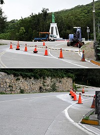 南竿中山門往馬港路口處因管線施工,造成道路縮減,提醒來往駕駛朋友密切注意;駕駛建議施工單位在施工點前方30公尺處追加設置警示用具,以策安全。(圖/文:曹重偉)