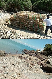 散落於北竿中澳口海邊潮間帶的章魚籠,在加緊作業下,20日已全數清理完畢。(圖:產發處)