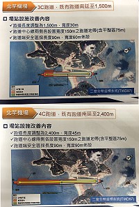 民航局委託專業單位初步完成北竿3C及4C機場跑道配置,兩方案均是向南面填海延伸。(圖:民航局)