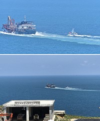 千噸級的抽砂船駛近莒光海域,海巡巡防艇進行驅離。(圖/文:宋幸儒)