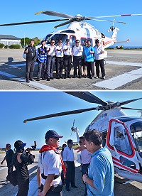 凌天航空AW169型直升機首航東引,議長張永江、鄉長楊雲成與鄉親共同見證歷史性一刻,欣喜東引離島緊急救護、交通疏運邁向新的里程。(圖/文:陳其敏)