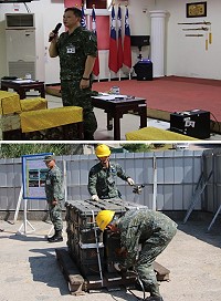 (上圖)參謀長主持外島委商水運貨櫃裝載示範。(下圖)官兵示範彈藥箱打板作業。(圖/文:張炘獻)