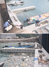 　介壽澳口浮排大量海漂垃圾，漁民主動清理，清出大批海漂垃圾。（圖／文：馮紹夫）