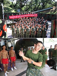 上圖:役男與240榴砲合影。下圖:役男操練擒拿術。(圖/文:張炘獻)