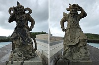 媽祖宗教文化園區巨神像左、右2尊千里眼和順風耳石像遭人潑灑柴油,馬管處呼籲民眾切勿隨意破壞、毀損公物,以免觸法。(圖/文:吳嘉榮)