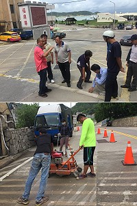 新劃設的黃網格刨除後還是傳出民眾摔車,工務處進行打毛作業加強道路摩擦,並將該路段列為明年優先改善道路。(圖/文:馮紹夫)
