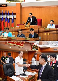 連江縣議會第6屆第6次臨時大會31日閉會,順利三讀通過縣府提案及第一次追加減預算案;縣長劉增應及局處主管閉會後,趨前感謝議員們的支持與配合。(圖/文:曹重偉)