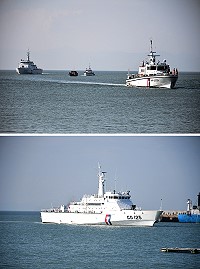 　連江艦協勤馬祖海巡威力掃蕩，2日中午在亮島海域成功扣押非法越界捕撈作業大陸籍「霞○○滸0XX3」漁船，並於下午押回福澳港偵訊。（圖／文：曹重偉）