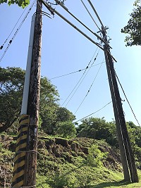 　連結橋仔與大坵島空中電纜架設的14公尺木電桿，也是全馬祖最高最粗的電桿，架設至今已有41年歷史。（圖／文：陳鵬雄）