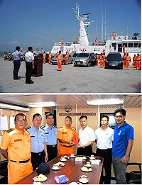 　為加強查緝走私、陸船越界作業，馬祖巡防區3日於福澳港舉行岸海聯合擴大威力掃蕩誓師典禮，邀請縣長劉增應、副縣長王忠銘等人到場觀禮及校閱部隊，結合「連江艦」宣示執法決心；另連江艦將於4日下午2時至4時開放參觀，歡迎遊客鄉親踴躍前往。（圖／文：曹重偉）