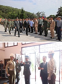 (上圖)指揮官與縣長校閱部隊軍容。(下圖)指揮官與縣長向先賢先烈獻祭清香。(圖/文:江耿逸)