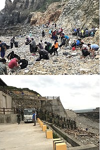 「莒光鄉秋季擴大淨灘暨環保教育宣導活動」,軍民合力恢復菜浦澳地質公園美麗風貌。(圖/文:宋幸儒)