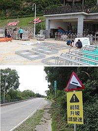 一年一度的馬祖鐵人三項16日即將開賽,活動廠商正緊鑼密鼓展開場地及賽道指示牌布置。(圖/文:吳嘉榮)