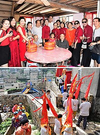　「牛角做出幼」喜娘送喜打頭陣，送喜隊伍巡迴村莊各個巷道，依序拜訪42戶村中有80歲以上長者及新生兒的家戶，獻上吉祥祝福話語，受訪家戶喜上眉梢，讓牛角社區溫馨洋溢。（圖／文：曹重偉）