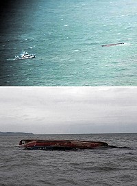 大陸漁船「閩○漁6XXX7號」翻覆,馬祖海巡隊立即人道緊急救援,有8人獲救1人失蹤。(圖:馬祖海巡隊)