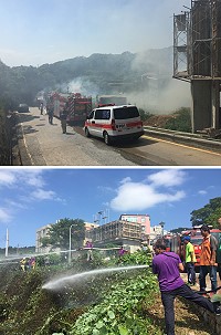 疑似露天燒草失控,仁愛國小旁山坡驚傳火警,消防隊迅速控制現場,災情沒有擴大。(圖/文:馮紹夫)