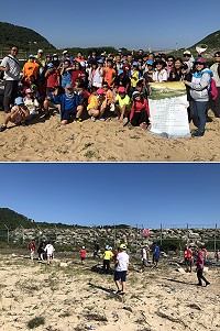 師範大學環境安全衛生中心來馬推廣海洋永續環境教育工作,並與環資局及塘岐國小共同在馬鼻灣淨灘。(圖/文:陳鵬雄)