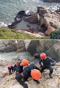 　大陸籍「閩連漁60437」號漁船23日高登海域翻覆失蹤1人，28日上午馬祖海岸巡、馬祖連江縣消防局動員人力將大體拉至上岸。（圖：馬祖岸巡隊）