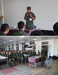 (上圖)主任主持常備兵役軍事訓練新兵心輔座談。(下圖)主任期許役男在服役期間能夠以軍人身分為榮,努力表現提升國軍形象。(圖/文:江耿逸)