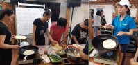 　文化處、山隴社協6日下午舉辦那些新住民你不知道的事，由哈爾濱市籍代麗（左圖左2）教作東北涼拌菜、捲餅家鄉味。（圖：文化處社區營造中心提供）