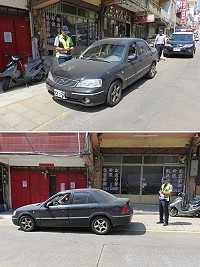 酒廠圓環至蔬菜公園交會路口屢有汽、機車違規停車佔滿人行通道,上下班時段更為壅塞,民眾迭有怨言,警方加強取締違規停車。(圖/文:曹重偉)