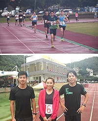 縣運1萬公尺開跑,(下圖)三組冠軍李勁良(左起)、曹玉舫、曹鼎;社女組曹玉舫再破大會紀錄。(圖/文:馮紹夫)