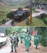 上圖:機步連實施營區安全防護演練。下圖:演練緊急應變部隊阻擋不明人士闖入。(圖/文:張炘獻)