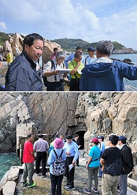 議長張永江陪同經濟部水利署總工程司陳肇成、第一河川局局長陳健豐、第九河川局局長顏嚴光等一行人到東引勘查北海坑道防波護堤損壞情形。(圖:連江縣議會)