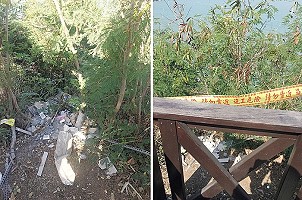 連江縣環境資源局接獲民眾陳情,指稱福澳蔣公紀念公園旁斜坡遭棄置營建廢棄物,該局派員前往現勘及蒐證,目前已鎖定可疑行為人。(圖:連江縣環境資源局)