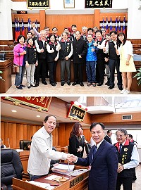 從政長達32年時間的議員陳貴忠,宣布不參加第7屆縣議員選舉,昨天定期大會閉會,他也告別議員生涯,縣長劉增應特別與他握手致意。先前最後一次總質詢,老同事李金梅等人專程前來探視。(圖/文:曹重偉)
