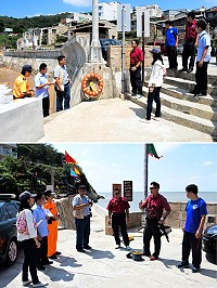 　連江縣消防局會同馬管處、交旅局、岸巡隊等相關單位執行第三季水域遊憩活動安全聯合稽查，警告標示及緊急救生設施都有設置，現場也進行拋繩槍操作指導，讓相關承辦人熟悉操作。（圖／文：曹重偉）
