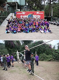 (上圖)副主任與兩棲連教官及學員們合影。(下圖)學員實際體驗山地戰技雙索突擊吊橋。(圖/文:江耿逸)