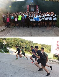 (上圖)全體參賽人員於運動會結束後合影。(下圖)選手們為團隊榮譽奮力向前衝刺。(圖/文:葉峻廷)