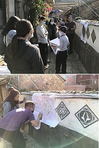 塗鴉藝術家黃景昱DDT老師11日帶領學員於大澳老街牆面塗鴉實作,噴出屬於自己的塗鴉圖案。(圖/文:吳嘉榮)