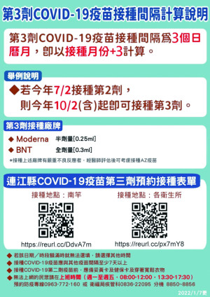 新冠疫苗追加劑間隔滿三個月即可接種,本縣各鄉配合增加場次,即起開放預約。(圖:連江縣疫情指揮中心)