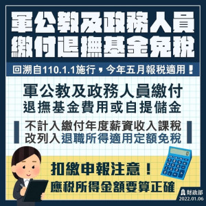 　軍、公、教及政務人員在職繳付退撫基金或自提儲金，不計入繳付年度薪資收入課稅，追溯自110年1月1日起施行。（圖：財政部）