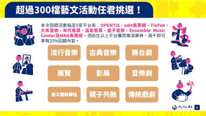 9大藝文票券平台與文化部合作推出平台回饋送,同學藝起FUN,凡響應購買指定藝文節目滿千即可獲得回饋20%專案活動。(圖:文化部)