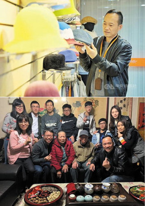 上圖:旭輝針織總經理劉宜俤表示,家人早年從馬祖飄洋過海落腳桃園市平鎮區,後來與與二哥、三哥1998年成立公司,打造帽子王國。(圖:中央社)。下圖:經營旭輝針織有限公司的北竿白沙劉家兄弟與父母、家人合影,總經理劉宜俤(前排左2)、劉宜興(前排右1)。(圖:劉宜興提供)