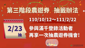凡於去年10月12日至今年2月22日期間曾完成滿千登錄者,即享有第三階段農遊券抽籤資格。(圖:農委會)