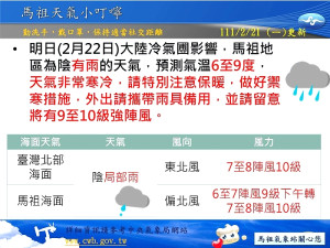 本週馬祖持續低溫,氣象站觀測要到25日(五)氣溫才會有比較明顯回暖。(圖:馬祖氣象站)