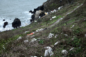 冬天東北季風強勁,東引圓圓澳「海現龍闕」附近山坡散落許多從海上飛來的保麗龍等垃圾。(圖/文:陳其敏)