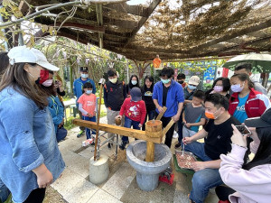 　橋仔開心農場石碓搗花生食農體驗活動新鮮登場，古老農器石碓讓很多人大開眼界。（圖／文：陳鵬雄）
