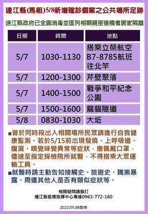 　疫情指揮中心9日公布2位確診者馬祖公共場所足跡，已由相關單位全面消毒，並分別匡列地區相關親密接觸者6人居家隔離。（圖：連江縣疫情指揮中心）