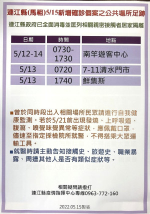 　疫情指揮中心16日公布5位確診者馬祖公共場所足跡，已由相關單位全面消毒，並分別匡列地區相關親密接觸者15人居家隔離。（圖：連江縣疫情指揮中心）