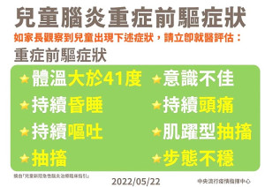 指揮中心公布8大前驅症狀包含高燒超過41度、意識不佳、持續昏睡或頭痛等,家長發現兒童有症狀應立刻就醫。(圖:指揮中心提供)