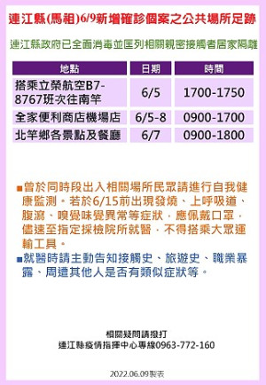 連江縣疫情指揮中心公布10日確診者足跡。(圖:疫情指揮中心)