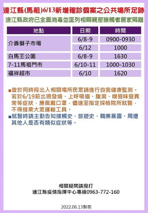 疫情指揮中心14日公布27位確診者馬祖公共場所足跡,已由相關單位全面消毒,並分別匡列地區相關親密接觸者55人居家隔離。(圖:連江縣疫情指揮中心)