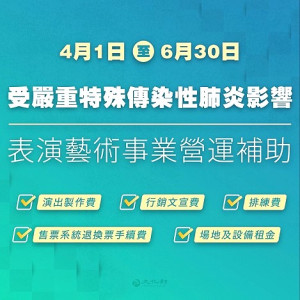 文化部表演藝術事業營運補助 紓困貸款及利息補貼至7月15日