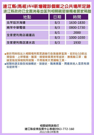 　指揮中心5日公布7位確診者馬祖公共場所足跡，已由相關單位全面消毒，並分別匡列地區相關親密接觸者18人居家隔離。（圖：連江縣疫情指揮中心）