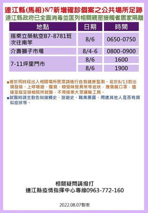 指揮中心8日公布4位確診者馬祖公共場所足跡,已由相關單位全面消毒,並分別匡列地區相關親密接觸者1人居家隔離。(圖:連江縣疫情指揮中心)